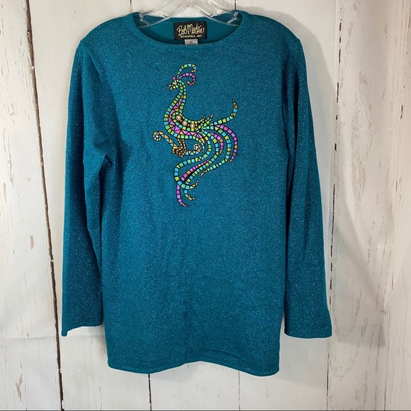 Bob Mackie XS Blue Embroidered Peacock Sweater - Picture 2 of 8